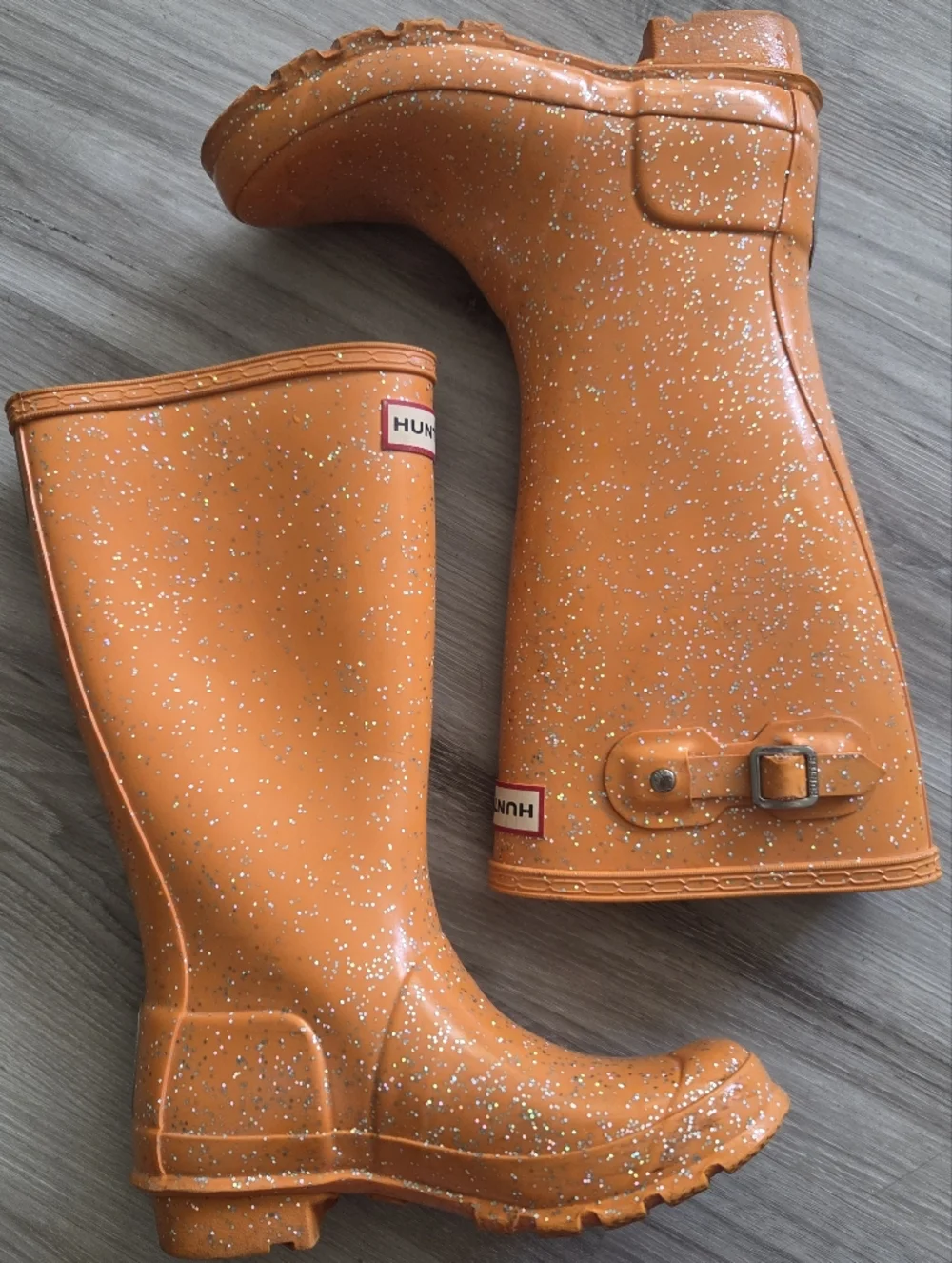 Hunter Kids Tall Rubber Rain Boots Orange Glitter Little Girl Size US 3